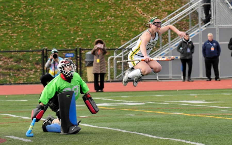 Kerry Thornton jumping for joy after scoring the winning goal. Photo by Bruce Larabe. 