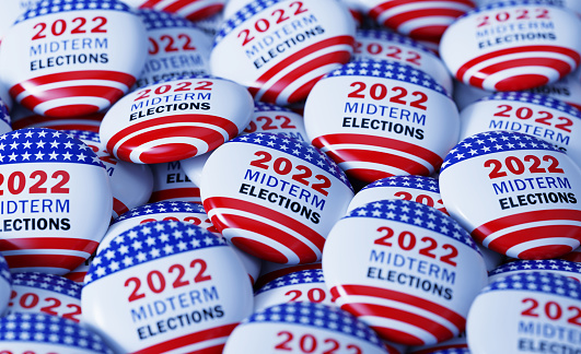 2022 Midterm Elections written badges. Great use for election and voting concepts. 2022 US Midterm Election concept.